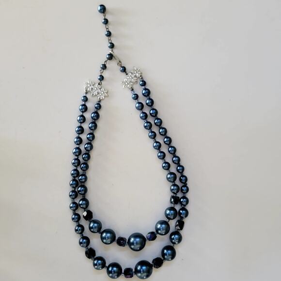 Elegant Vintage Navy Blue Faux Pearl Beaded Necklace Silver Made in Japan - Picture 2 of 10